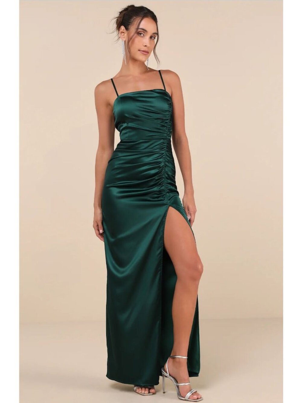 Lulus Luxurious Marvel Emerald Satin Ruched Column Maxi Dress Green Large